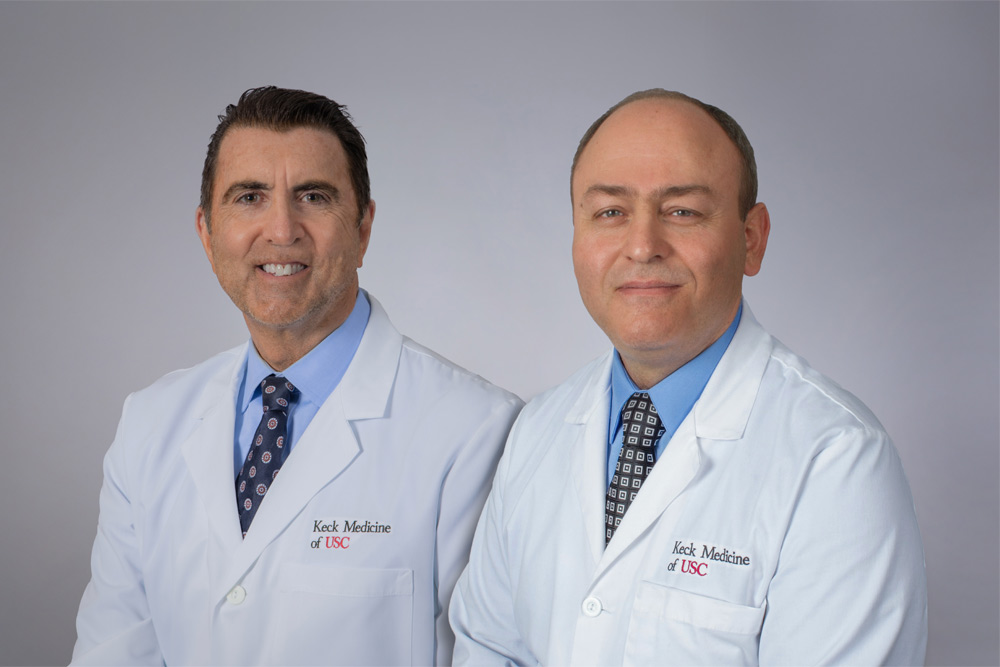Side-by-side headshot portraits of Raymond Gritton and Ramzi Ben-Youssef in Keck Medicine of USC white lab coats